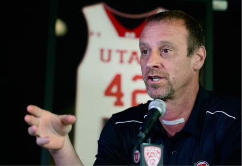Scott Sommerdorf   |  The Salt Lake Tribune  
Utah head coach Larry Krystkowiak spoke about the improvements that Jakob Poeltl made in his game during his second year at Utah. Jakob Poeltl announced that he's decided to enter the NBA Draft, Wednesday, April 13, 2016.