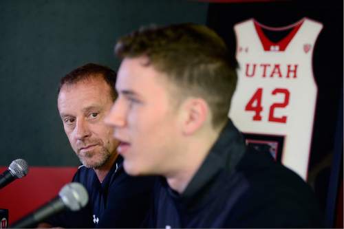 Scott Sommerdorf   |  The Salt Lake Tribune  
Utah head coach Larry Krystkowiak watched as Jakob Poeltl announced that he's decided to enter the NBA Draft during a press conference at the Utah practice facility, Wednesday, April 13, 2016.