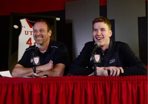 Scott Sommerdorf   |  The Salt Lake Tribune  
Jakob Poeltl announced that he's decided to enter the NBA Draft. Utah head coach Larry Krystkowiak joined him in the press conference at the Utah practice facility, Wednesday, April 13, 2016.