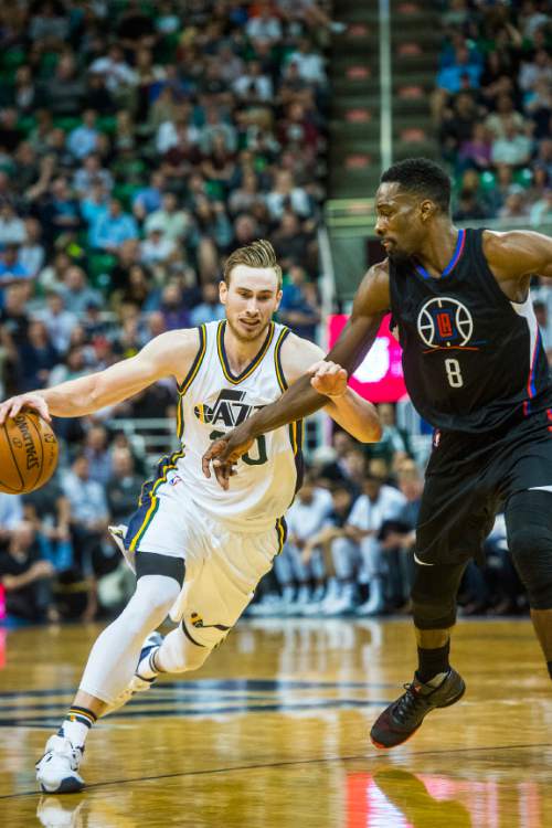 Chris Detrick  |  The Salt Lake Tribune
Utah Jazz forward Gordon Hayward (20) is guarded by Los Angeles Clippers forward Jeff Green (8) during the game at Vivint Smart Home Arena Friday April 8, 2016. Los Angeles Clippers defeated the Utah Jazz 102-99 in overtime.