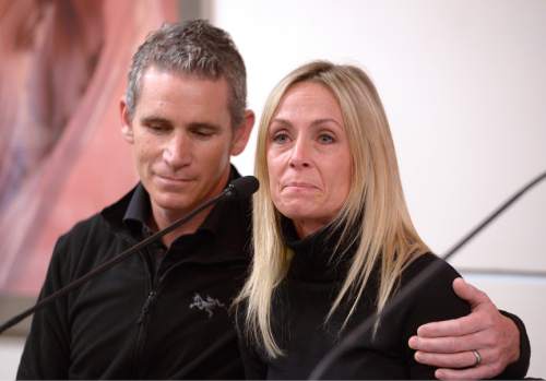 Leah Hogsten  |  The Salt Lake Tribune
"They are young healthy boys," Amber Empey said, next to her husband Court Empey. "Thank goodness their bodies are healing fast."University of Utah burn unit doctors and the parents of Joseph Dresden Empey and Mason Wells, two of the four Mormon missionaries wounded in the March 22 Brussels airport terrorist bombing, held a press conference at the University of Utah hospital, Thursday, March 31, 2016,