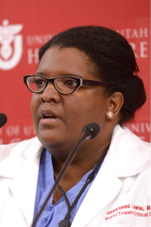 Leah Hogsten  |  The Salt Lake Tribune
Dr. Giavonni Lewis discusses the recovery of the two missionaries who suffered second and some third degree burns. University of Utah burn unit doctors and the parents of Joseph Dresden Empey and Mason Wells, two of the four Mormon missionaries wounded in the March 22 Brussels airport terrorist bombing, held a press conference at the University of Utah hospital, Thursday, March 31, 2016,