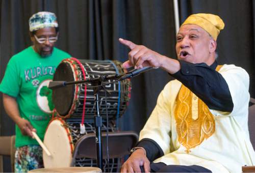 Rick Egan  |  The Salt Lake Tribune
Baba Kentattaa Henry plays drums as Baba Jamal Koram tells a story at the first Story Crossroads Festival, in West Jordan, at the Viridian Event Center on Saturday.