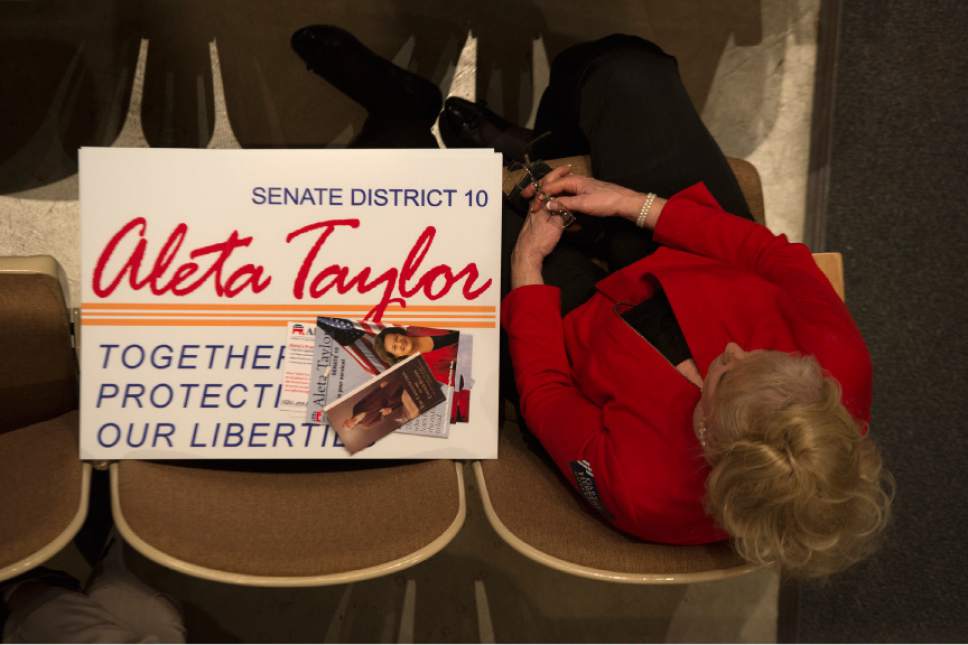 Leah Hogsten  |  The Salt Lake Tribune
Candidate Aleta Taylor failed to gain enough votes in the Senate district 10 race at the Salt Lake County Republican Convention, Saturday, April 16, 2016 at Cottonwood High School.