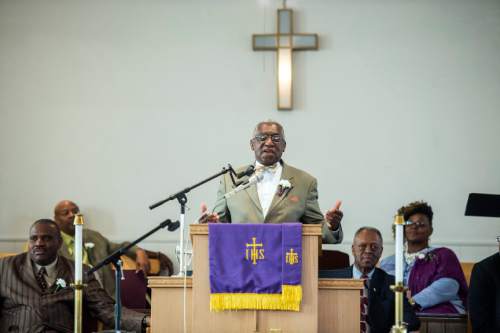 Chris Detrick  |  The Salt Lake Tribune
Calvary Baptist Church Rev. Francis A. Davis preaches during a pastor appreciation service at Trinity African Methodist Episcopal Church Sunday April 17, 2016. The Rev. Nurjhan Govan has ministered tirelessly for more than a dozen years to members of the Trinity African Methodist Episcopal (AME) Church -- longer than any other pastor at the Salt Lake City landmark.