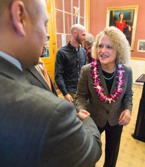 Steve Griffin  |  The Salt Lake Tribune

Salt Lake City Mayor Jackie Biskupski is joined by a group of business, community, education, and arts leaders as she announces a national search for Salt Lake Cityís new Business and Economic Development Director during a news conference at her office in Salt Lake City Hall on Thursday, Feb. 11, 2016. The group is supporting her commitment to appoint a leader to guide the city in building and sustaining a dynamic, diverse and robust economy for everyone.