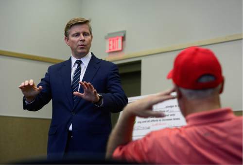 Scott Sommerdorf   |  The Salt Lake Tribune  
GOP gubernatorial candidate Jonathan Johnson holds a meeting with state convention delegates in the Magna library, Thursday, April 14, 2016.
