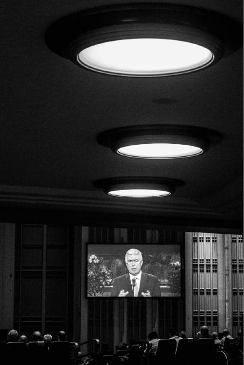 Trent Nelson  |  The Salt Lake Tribune
President Dieter F. Uchtdorf speaks at the priesthood session of the 186th Annual General Conference of The Church of Jesus Christ of Latter-day Saints in Salt Lake City, Saturday April 2, 2016.