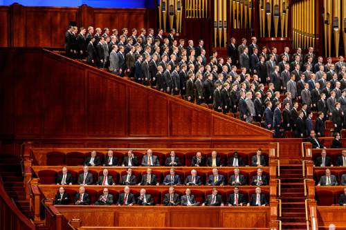 Trent Nelson  |  The Salt Lake Tribune
A choir performs at the priesthood session of the 186th Annual General Conference of The Church of Jesus Christ of Latter-day Saints in Salt Lake City, Saturday April 2, 2016.