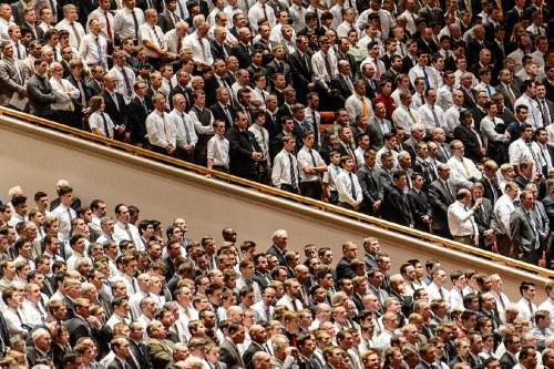 Trent Nelson  |  The Salt Lake Tribune
Men at the priesthood session of the 186th Annual General Conference of The Church of Jesus Christ of Latter-day Saints in Salt Lake City, Saturday April 2, 2016.