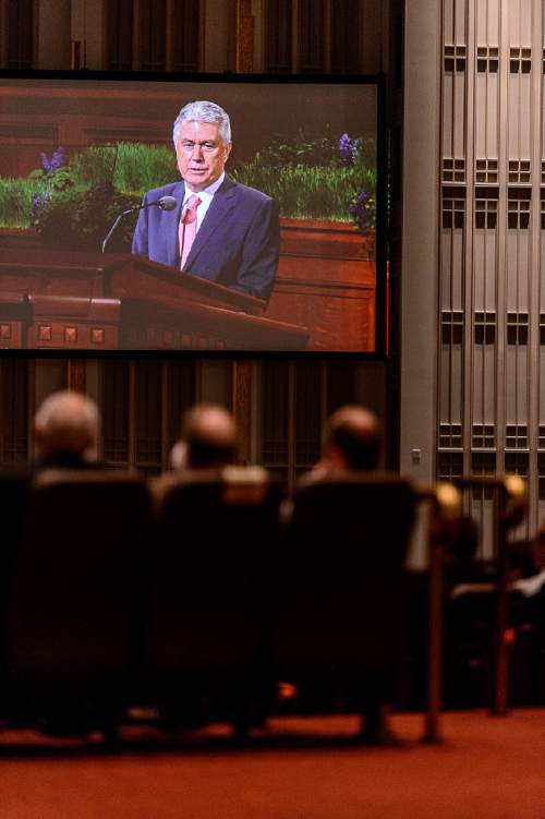 Trent Nelson  |  The Salt Lake Tribune
President Dieter F. Uchtdorf speaks at the priesthood session of the 186th Annual General Conference of The Church of Jesus Christ of Latter-day Saints in Salt Lake City, Saturday April 2, 2016.