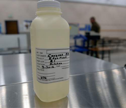 Al Hartmann  |  The Salt Lake Tribune 
Water sample from the Edgemont Elementary School's kitchen cafeteria taken early in the morning Wed. March 30.  The most common cause of lead poisoning is old corroded pipes that are basically rusting metals into the water. Lead pipes are now banned in the US, but at least 58 percent of Utah's schools were built before that law went into effect. In 1988, congress passed a law charging schools with identifying and rectifying lead contamination and pipe corrosion, but according to the EPA this law is essential impossible to enforce and is not widely implemented.