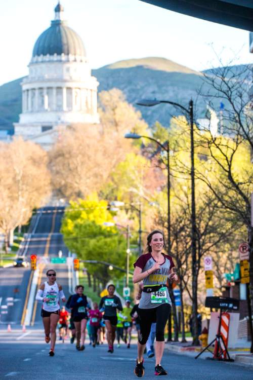 Chris Detrick  |  The Salt Lake Tribune
Runners compete in the Salt Lake City marathon and half marathon Saturday April 16, 2016.