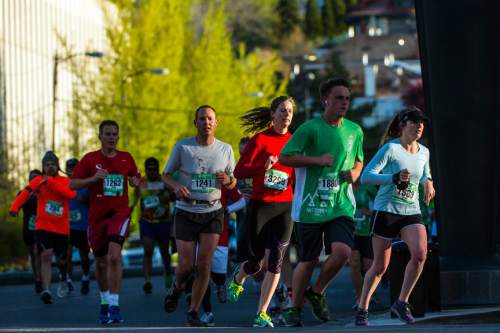 Chris Detrick  |  The Salt Lake Tribune
Runners compete in the Salt Lake City marathon and half marathon Saturday April 16, 2016.