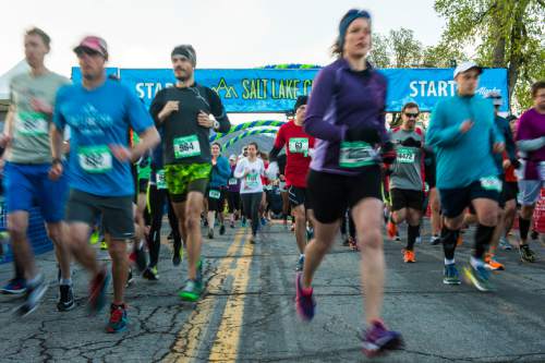 Chris Detrick  |  The Salt Lake Tribune
Runners compete during the Salt Lake City marathon and half marathon Saturday April 16, 2016.
