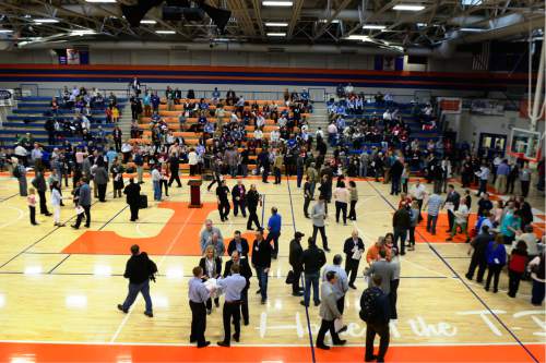 Scott Sommerdorf   |  The Salt Lake Tribune  
Delegates to the Utah County Republican Convention chose vote in the District 14 race in the "Thunderdome" basketball arena, at Timpview High in Provo, Saturday, April 16, 2016.