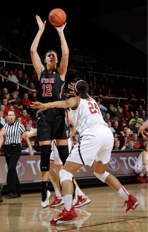 Utah forward Emily Potter (12) shoots over Stanford forward Erica McCall (24) during the first half of an NCAA college basketball game Friday, Jan. 8, 2016, in Stanford, Calif.  (AP Photo/Marcio Jose Sanchez)