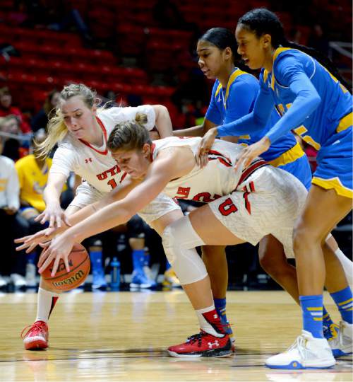 Steve Griffin  |  The Salt Lake Tribune


Utah Utes guard Paige Crozon (14) and Utah Utes forward Emily Potter (12) stretch for the ball in front of UCLA's Kelli Hayes and Monique Billings during women's basketball game at the Huntsman Center in Salt Lake City, Sunday, January 31, 2016.