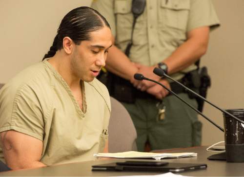Rick Egan  |  The Salt Lake Tribune

Nitokalisi Niki Fonua reads a statement  during his sentencing. Fonua pleaded guilty to fatally shooting  21-year-old Krystal Flores, and for the shooting death of 34-year-old Vilami Latu. Monday, April 18, 2016.
