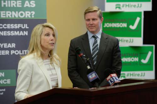 Francisco Kjolseth | The Salt Lake Tribune 
Republican gubernatorial candidate Jonathan Johnson announces Robyn Bagley as his running mate during a press announcement at the Utah Capitol on Monday, April 18, 2016.