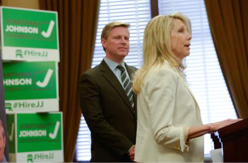Francisco Kjolseth | The Salt Lake Tribune 
Republican gubernatorial candidate Jonathan Johnson announces Robyn Bagley as his running mate during a press announcement at the Utah Capitol on Monday, April 18, 2016.
