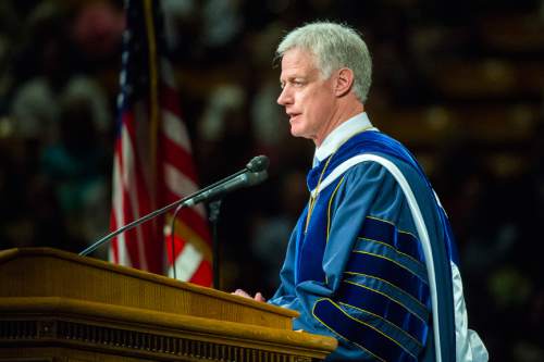 Chris Detrick  |  The Salt Lake Tribune
BYU President Kevin J. Worthen speaks during Brigham Young University's Commencement Exercises at the Marriott Center Thursday April 23, 2015. A total of 5881 students from 10 colleges received degrees at the ceremonies, with 5004 students receiving bachelor's degrees, 692 students receiving master's degrees and 185 receiving doctoral degrees.