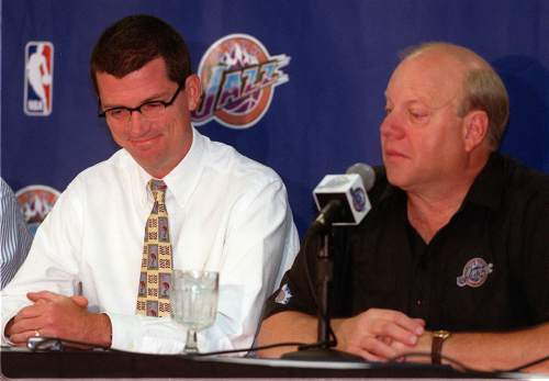 Leah Hogsten  |  The Salt Lake Tribune

Director of Jazz Basketball Operations, Scott Layden is leaving Utah to join the New York Knicks basketball organization.  Jazz owner Larry Miller expresses his feelings for Layden and his performance working for the team during the press conference Tuesday Aug. 10, 1999 at the Delta Center.