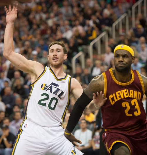 Steve Griffin  |  The Salt Lake Tribune


Utah Jazz guard Gordon Hayward (20) calls for the ball as he holds off Cleveland Cavaliers forward LeBron James (23)during second half action in the Jazz versus Cavs NBA game at EnergySolutions Arena in Salt Lake City, Wednesday, November 5, 2014.