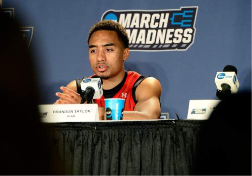 Scott Sommerdorf   |  The Salt Lake Tribune  
Utah G Brandon Taylor answers a question during the post-practice press conference in Denver, Thursday, March 17, 2016.