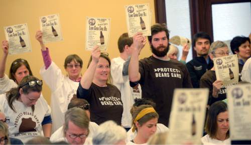 Al Hartmann  |  The Salt Lake Tribune
Members of the conservation community protest before the start of meeting of the Commission for the Stewardship of Public Lands at the Utah state Capitol Wed. April 20 where a resolution condeming the Antiquities Act was expected to pass.  Also in contention as part of the Antiquities Act is a proposal before President Obama setting aside hundreds of thousands of acres in San Juan County for a Bear's Ears National Monument.   Most in the audience were for the Bear's Ears National Monument.