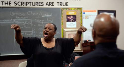 Al Hartmann  |  The Salt Lake Tribune
Director Debra Bonner leads the LDS Genesis Group Choir in a rehearsal for an upcoming Las Vegas performance Sunday Feb. 7.  The choir is different from most LDS choirs.  They sing gospel and soul music.