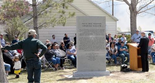Al Hartmann  |  The Salt Lake Tribune
Paiute Tribal members, Circleville residents, Utah Division of State History, and LDS Church History representatives gather at the town park Friday April 22 for a dedication ceremony for a new memorial recognizing the men, women and children of the Koosharem Band of the Paiute Indian Tribe killed during the Circleville Massacre in late April 1866.