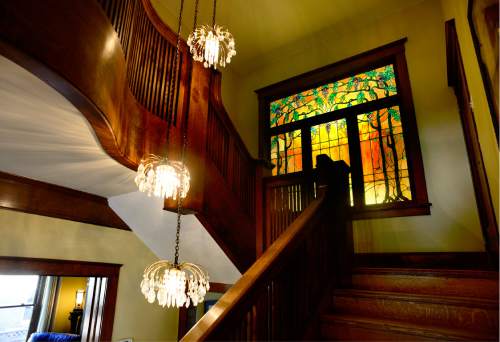 Scott Sommerdorf   |  The Salt Lake Tribune  
The stairway of the Prairie Style home of Lana and John Schowengerdt, Wednesday, April 20, 2016.  The Utah Heritage Foundation 45th Annual Homes Tour takes place  Saturday, April 30, in the tree-lined University neighborhood. Six historic homes, including this one will be open to the public.