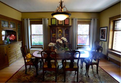 Scott Sommerdorf   |  The Salt Lake Tribune  
The dining room of the Prairie-style home of Lana and John Schowengerdt, on Wednesday, April 20, 2016.  The Utah Heritage Foundation 45th Annual Homes Tour takes place  Saturday, April 30, in the tree-lined University neighborhood. Six historic homes, including this one, will be open to the public.