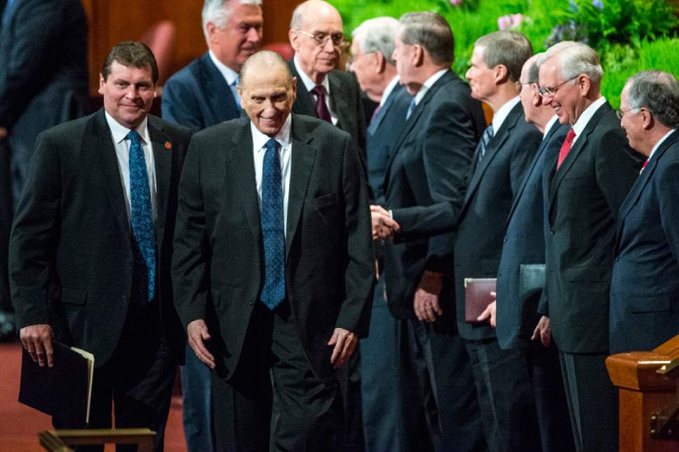 Chris Detrick  |  The Salt Lake Tribune
LDS Church President Thomas S. Monson walks off of the stage during the morning session of the 186th LDS General Conference at the Conference Center in Salt Lake City Saturday April 2, 2016.