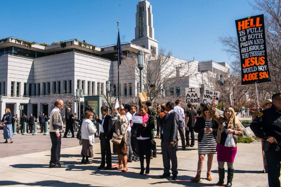 Chris Detrick  |  The Salt Lake Tribune
The scene outside of the Conference Center before the afternoon session of the 186th LDS General Conference at the Conference Center in Salt Lake City Saturday April 2, 2016.