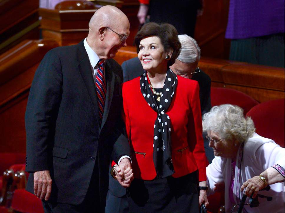 Scott Sommerdorf   |  The Salt Lake Tribune  
Elder Dallin H. Oaks and his wife, Kristen McMain Oaks leave the morning session of the 186th annual General Conference of the LDS Church, Sunday, April 3, 2016.