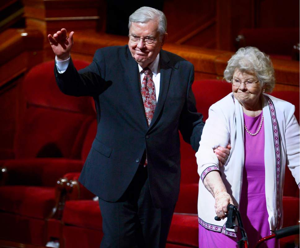 Scott Sommerdorf   |  The Salt Lake Tribune  
Elder M. Russell Ballard and his wife Barbara Ballard leave the morning session of the 186th annual General Conference of the LDS Church, Sunday, April 3, 2016.