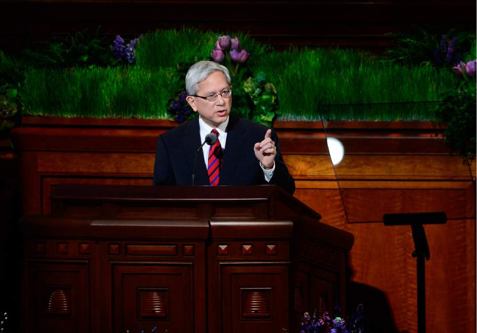 Scott Sommerdorf   |  The Salt Lake Tribune  
Elder Gerrit W. Gong delivers his talk "Always Remember Him" at the afternoon session of the 186th annual General Conference of the LDS Church, Sunday, April 3, 2016.