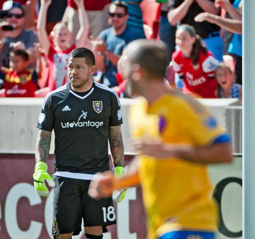 Michael Mangum  |  Special to the Tribune

A stoic Nick Rimando walks away from the goal after Colorado Rapids midfielder Dillon Powers failed to convert a penalty kick against the Real Salt Lake netminder during the second half of their match at Rio Tinto Stadium on Sunday, June 7, 2015. The match ended in a 0-0 draw.
