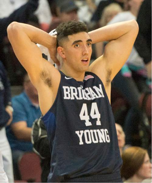 Rick Egan  |  The Salt Lake Tribune

Brigham Young Cougars center Corbin Kaufusi (44) watches as the game slips away from the Cougars, in the West Coast Conference Semifinals,  BYU vs. Gonzaga, at the Orleans Arena in Las Vegas, Saturday, March 7, 2016.