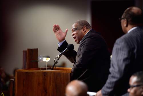 Scott Sommerdorf   |  The Salt Lake Tribune  
Dr. Robert E. Fowler, Senior Pastor at Victory Missionary Baptist Church in Las Vegas, NV, served as guest pastor as he turns toward The Rev. France Davis, pastor of Salt Lake City's historic Calvary Baptist Church, who was sitting in the front row. The Rev Davis is marking his 42nd pastoral anniversary, Sunday, April 24, 2016