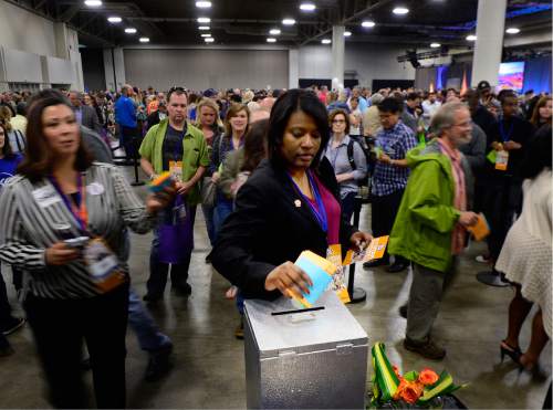 Scott Sommerdorf   |  The Salt Lake Tribune  
Rep. Sandra Hollins, D-Salt Lake, casts he vote at the Democratic state Convention where delegates voted on nominees for governor, congressional and other offices, Saturday, April 23, 2016