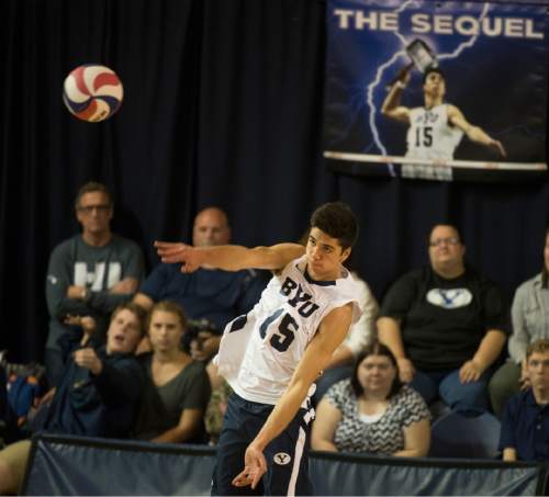 Rick Egan  |  The Salt Lake Tribune

Brigham Young Cougars Brenden Sander (15) serves the ball in BYU's victory in the Mountain Pacific Sports Federation Volleyball Championship game,  in tournament action at the Smith Field House in Provo, Saturday, April 23, 2016.