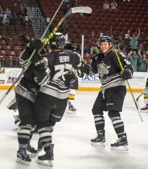 Rick Egan  |  The Salt Lake Tribune

The Utah Grizzlies celebrate their second goal of the game, in ECHL playoff hockey action at the Maverik Center ,Sunday, April 24, 2016.