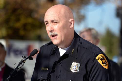 Scott Sommerdorf   |  The Salt Lake Tribune
Salt Lake City Interim Police Chief Mike Brown, speaks prior to the annual daffodil planting ceremony outside the Salt Lake City Public Safety Building in support of YWCA's Week Without Violence, Thursday, October 22, 2015.