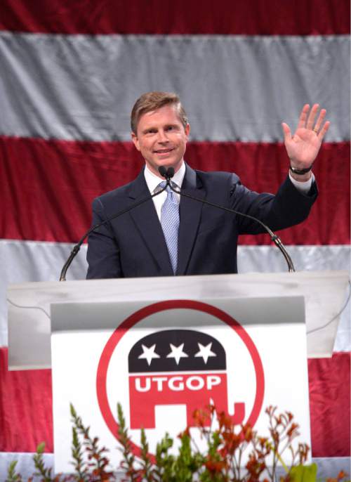 Leah Hogsten  |  The Salt Lake Tribune
Jonathan Johnson delivers his election speech for Utah Governor at the Utah Republican Convention, Saturday, April 23, 2016, at Salt Palace Convention Center.