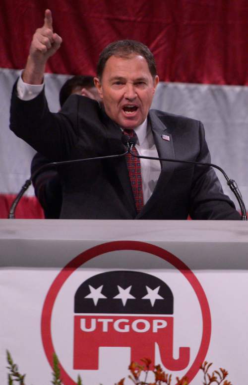 Leah Hogsten  |  Tribune file photo
Incumbent Gov. Gary Herbert delivered his re-election speech, backed by his family and wife Jeanette Herbert at the Utah Republican Convention, Saturday, April 23, 2016, at Salt Palace Convention Center. Herbert finished behind challenger Jonathan Johnson in delegate voting, but he now goes on to face Johnson in a June 28 primary.