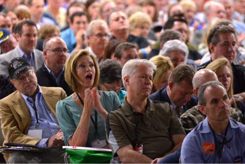 Leah Hogsten  |  The Salt Lake Tribune
A delegate cheers during Jonathan Johnson's  gubernatorial speech, declaring that he would end Common Core educational standards for the state at the Utah Republican Convention, Saturday, April 23, 2016, at Salt Palace Convention Center.