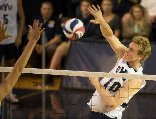 Rick Egan  |  The Salt Lake Tribune

Brigham Young Cougars Jake Langlois (10) hits the ball over the net in the Mountain Pacific Sports Federation Volleyball Championship game, as BYU beat UCLA 3- 1, in tournament action at the Smith Field House in Provo, Saturday, April 23, 2016.